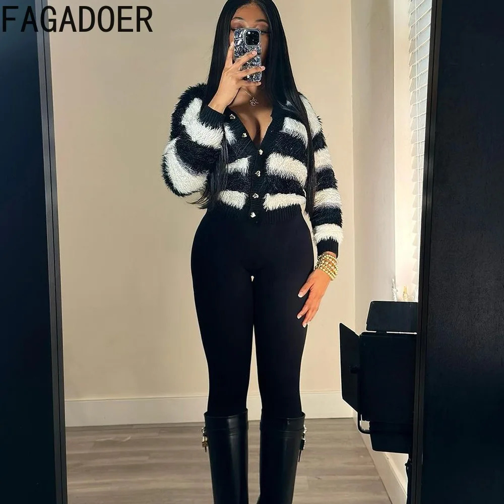 FAGADOER black and white striped printed casual knitted top for women V-neck button up long sleeved cardigan spring ultra-thin streetwear 250122