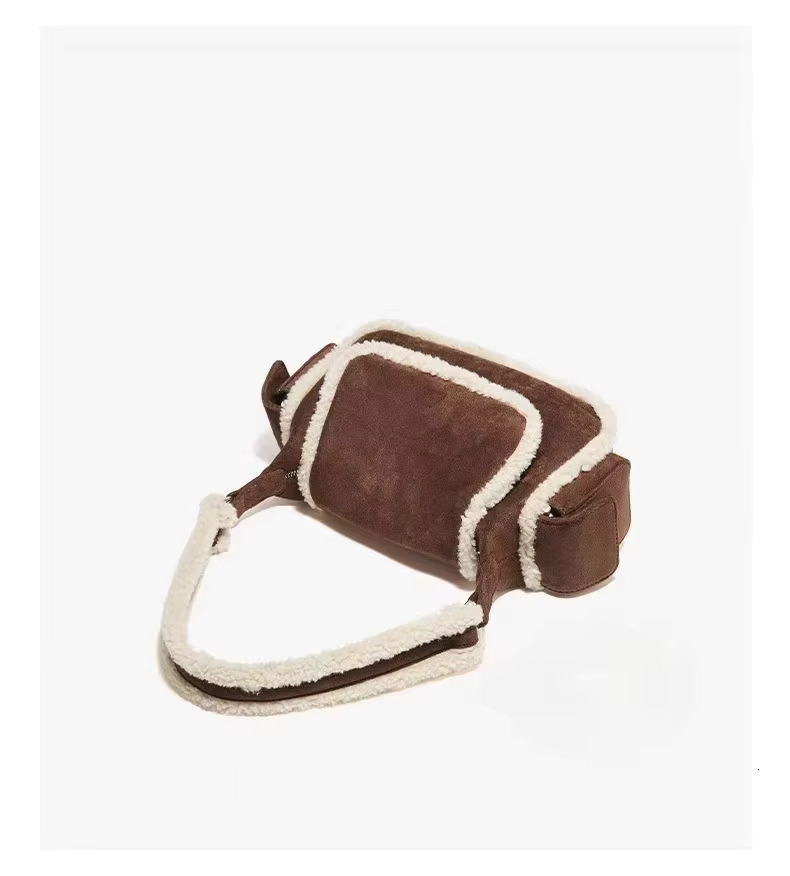 Ins Chic Matte Cowhide Leather With Real Lamb Wool Women Shoulder Bag Fashion Kakhi Color High-End Female Handbag Small
