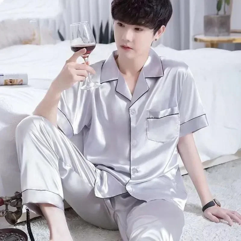 Short Men Silk Summer Satin Pyjama Wear For Pajamas Lounge Pijama Color Home Night Pants Pajama Set Sleeve Male Suit Mens Solid 250122