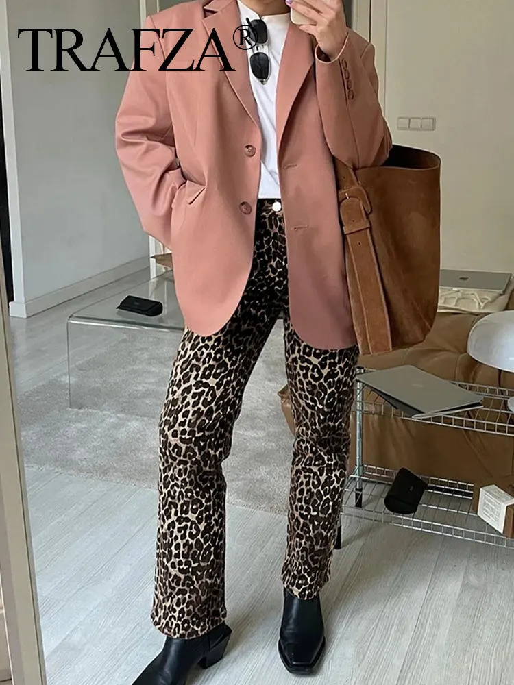 TRAFZA Woman Leopard Print Trouser High Waist Loose Zipper Fly Female Long Pants Vintage Streetwear Womens Wide Leg Pant 250117
