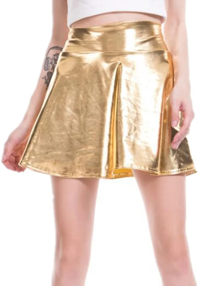 CUHAKCI Short Sexy High Waist Pleated Skirt Solid Casual Silver Gold Mini Laser Women Party Club 250121