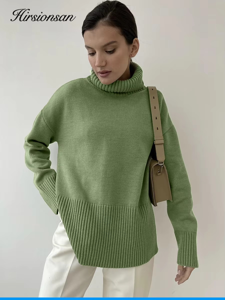 Hirsionsan Chic Turtle Neck Autumn Winter Sweater Women Soft Warm Basic Knitted Split Pullover Loose Casual Female Jumper