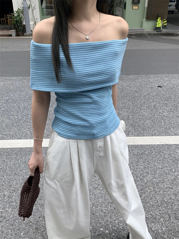 Chic Women Sexy Off Shoulder T-shirt Summer Knitting Stripe Slim Crop Top Y2K Vintage Harajuku White Tee Elegant Female Clothes 250110