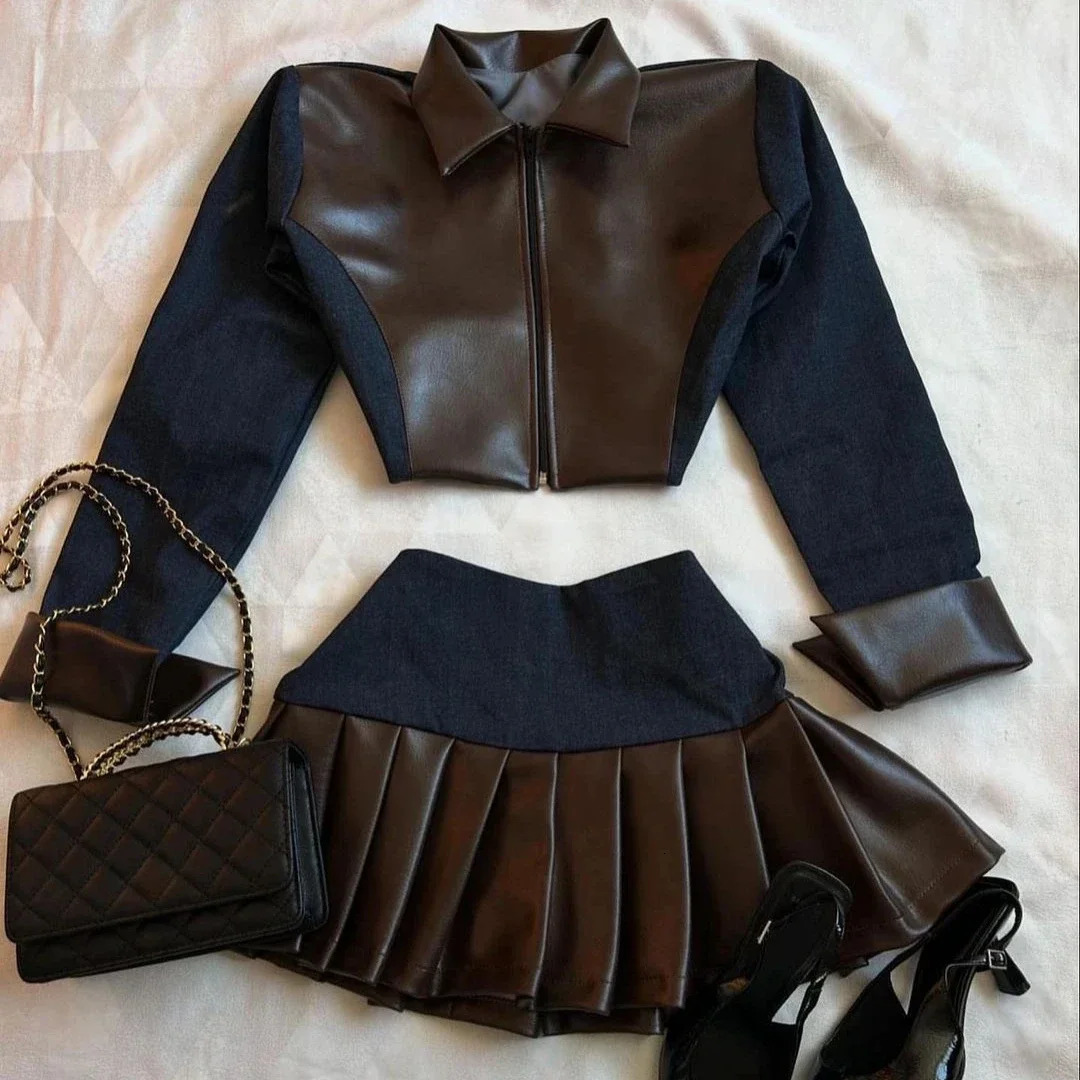 Y2K Denim Leather Splicing Two Piece Set Goth Zipper Long Sleeved Jacket Harajuku tie Pleated Skirt Autumn Suit 250122