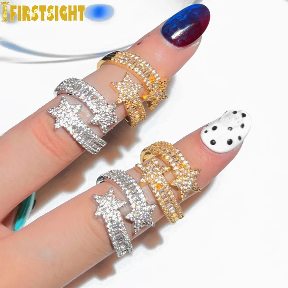Iced Out Star Ring Silver Bling 5A CZ zircon open adjustment bright star charm fingers suitable for womens hip-hop jewelry 250109