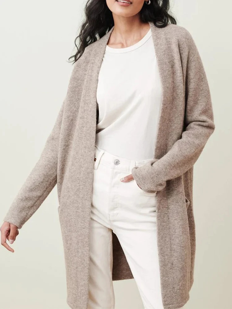 Autumn and Winter Womens Knitted Cardigan Sweater Temperament and Elegant Solid Color Long Sweater with Pocket 250116