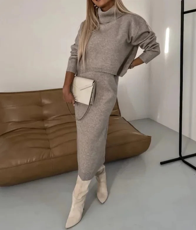 Two-Piece Sets Womens Warm Turtleneck Knitted Elegant Long Sleeve Sweater Pullover Wrap Hip Knit Buttocks Midi Dress Outfits 250122