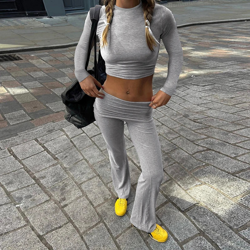 Rockmore Casual Minimalist Solid Womens Long Sleeve Crew Collar T-shirt Low Waist Pants Set Comfortable Breathable Two Piece Set 250118