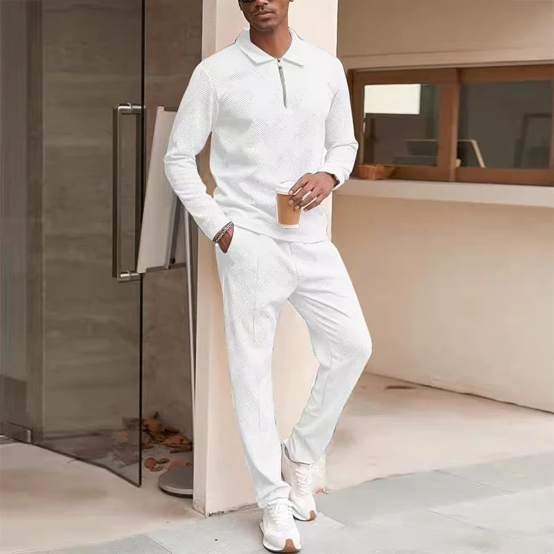 Casual Solid Color Textured Outfits For Mens Autumn Fashion Polo Shirt And Pants Two Piece Sets Men Clothing Vintage Suits Male 250109