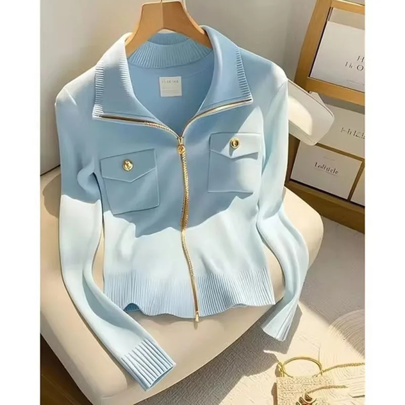 2025 Spring Autumn Polo Collar Zipper Womens Knitting Cardigan Sweater Jacket Personality Elegant Casual Ladies Sweater Coat 250116