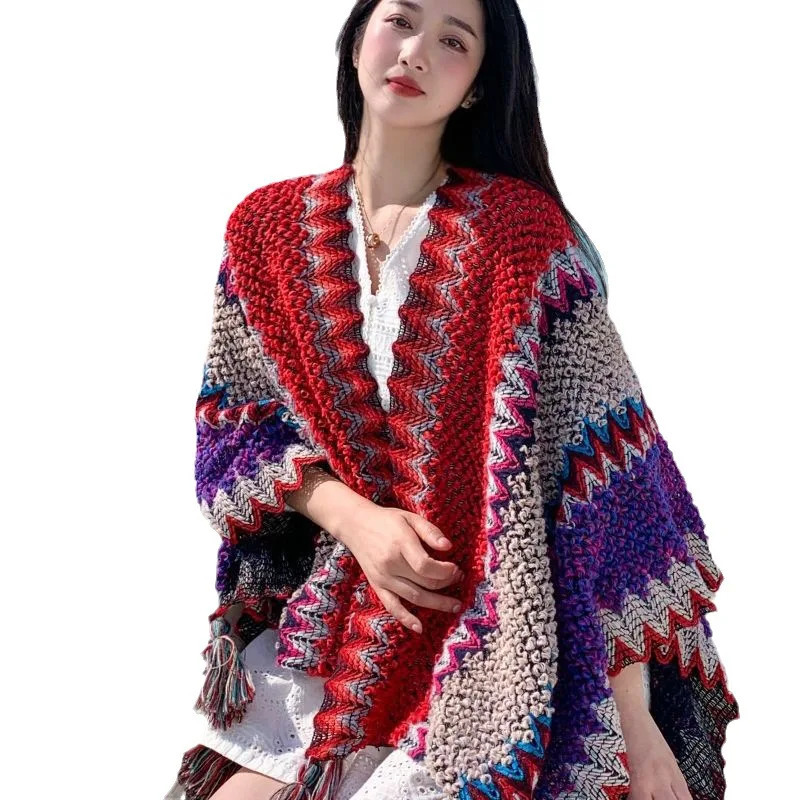 110x125cm Fashion Outerwear Knitted Shawl Tourism Ethnic Style Retro Cloak Tourism Cloak Tassel Scarves Vacation Party Gift 250120