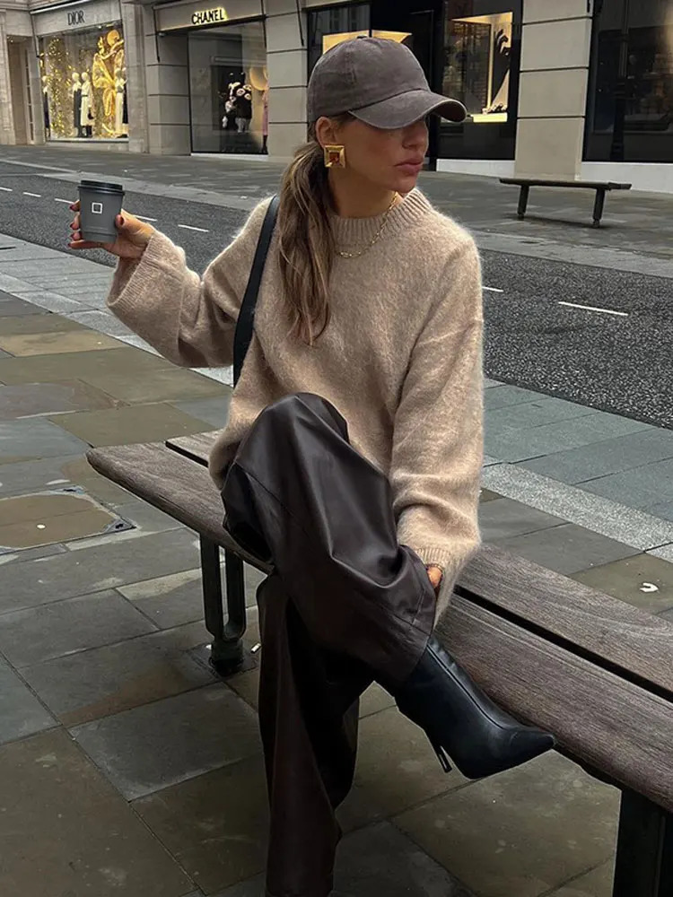 Soft Solid Mohair Knitted Pullover For Women Casual Loose O-neck Long Sleeve Sweater Autumn Female High Street Knitwear 250118