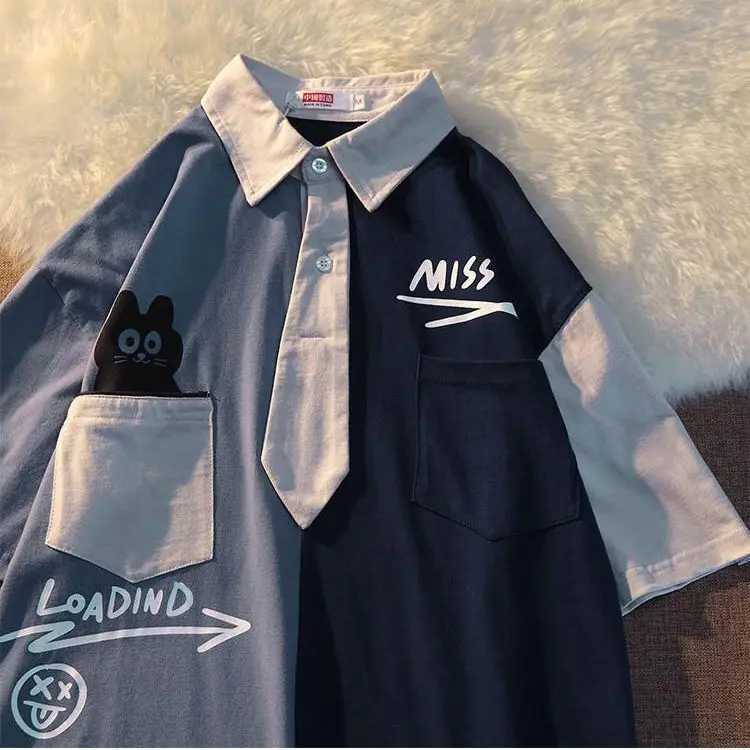 Summer street retro patch polo short sleeved mens and womens trendy personalized letter printing loose casual T-shirt top y2k W250117