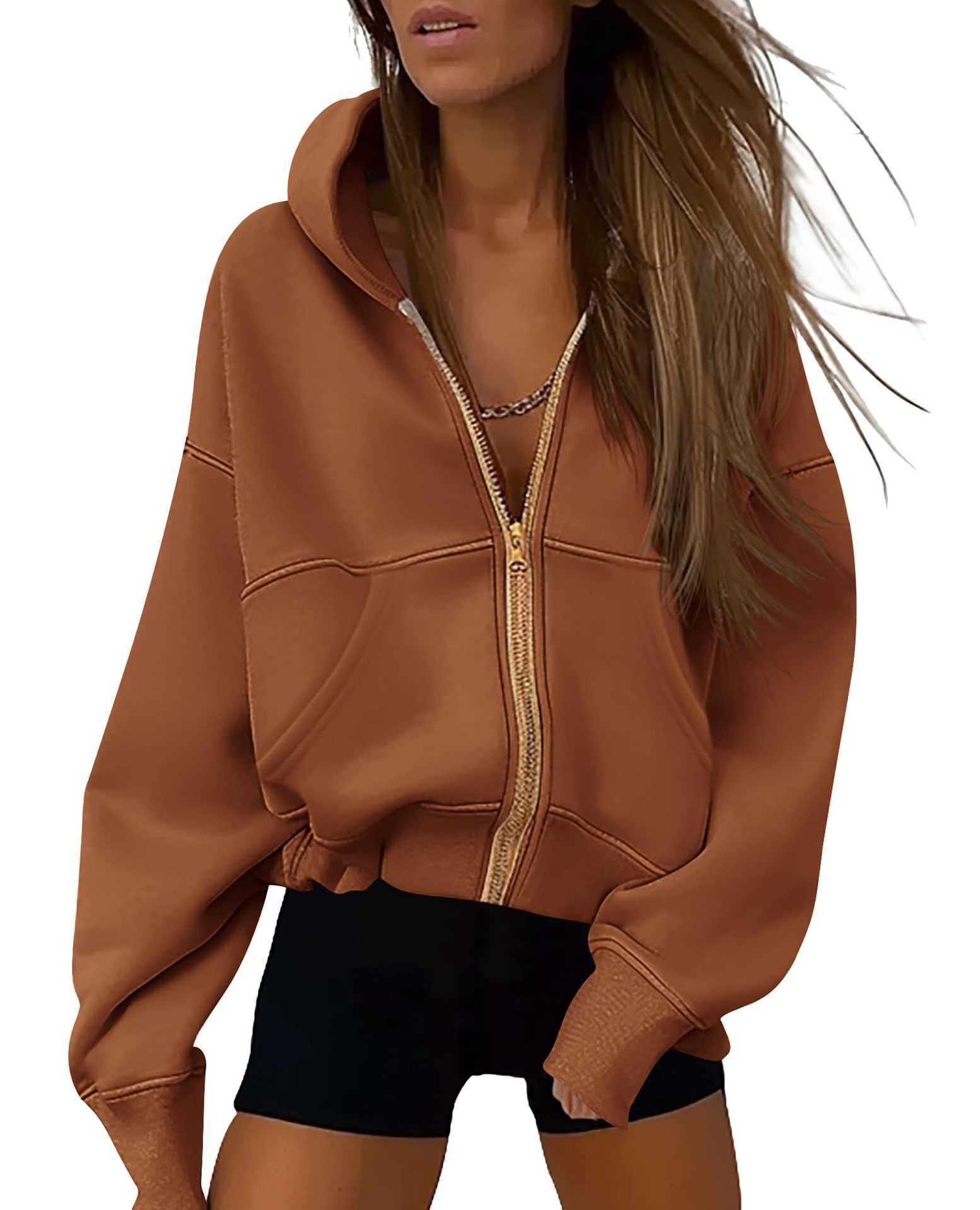 Womens Zipper Hooded Sweatshirt Autumn Long Sleeved Loose Pocket Fashionable Jacket For Womens Jacket 241209