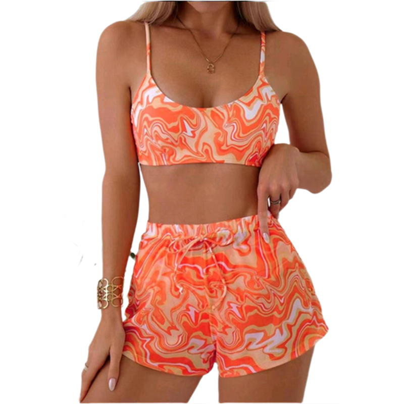 2025 Print Bikini Set with Mesh High Waist Beach Shorts Three Piece Swimsuit Women Push Up Swimwear Female Bather Bathing Swimming Swim Suit Beachwear