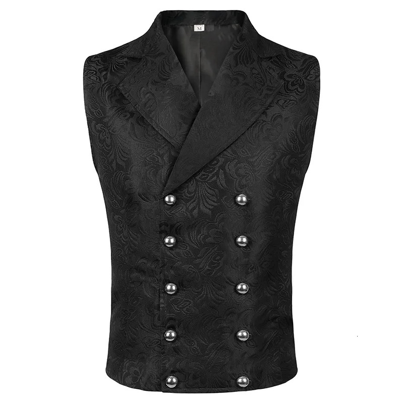 Blazer Vest Double Breasted Gothic Punk Men Formal Suits Jacquard Short Waistcoat Costume Sleeveless Coat Lapel Collar For Adult 250108