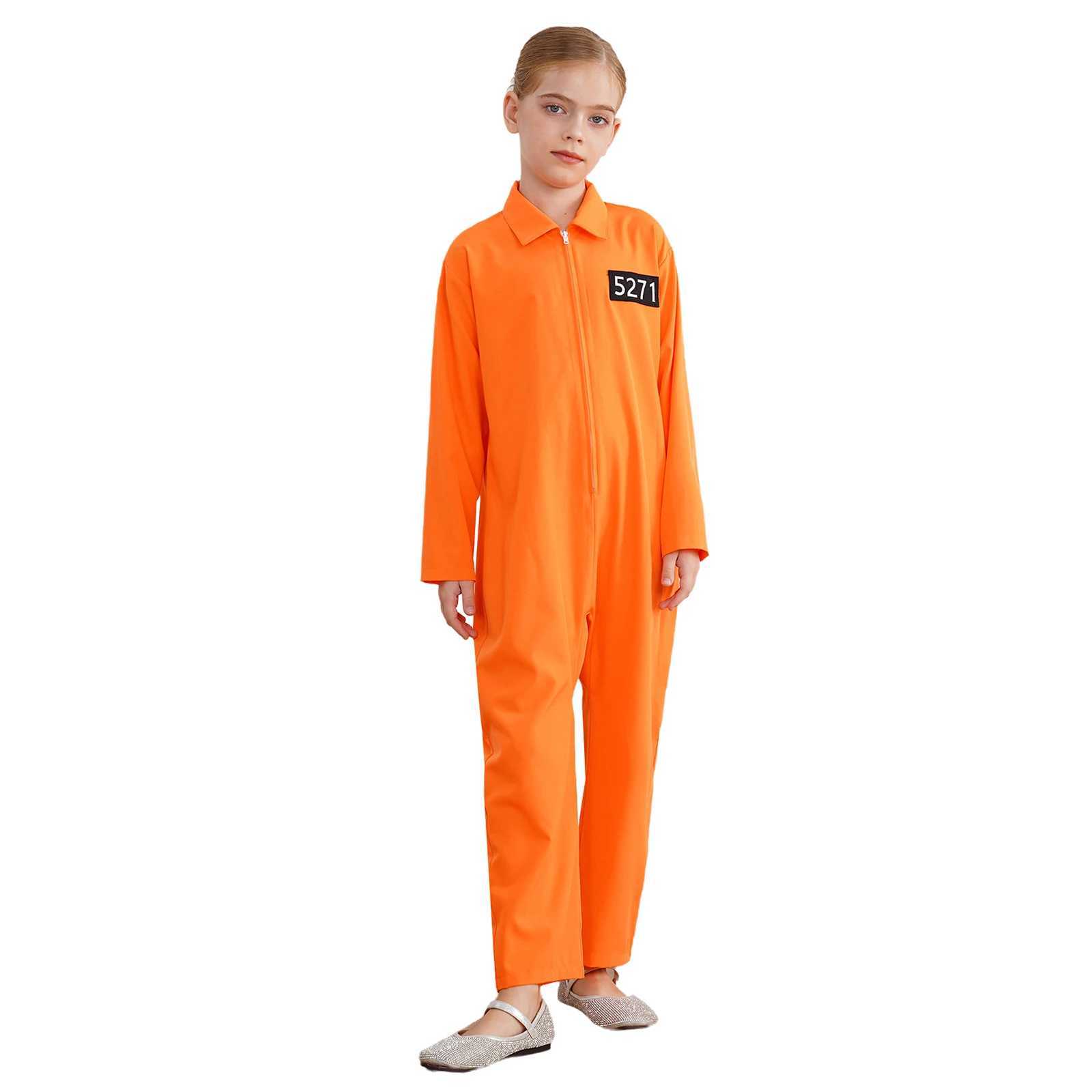 Girls Orange Prisoner Costume Long Sleeve Prisoner Jumpsuit Jailbird Inmate Prison Uniform Theme Party Halloween Cosplay Costume W250117