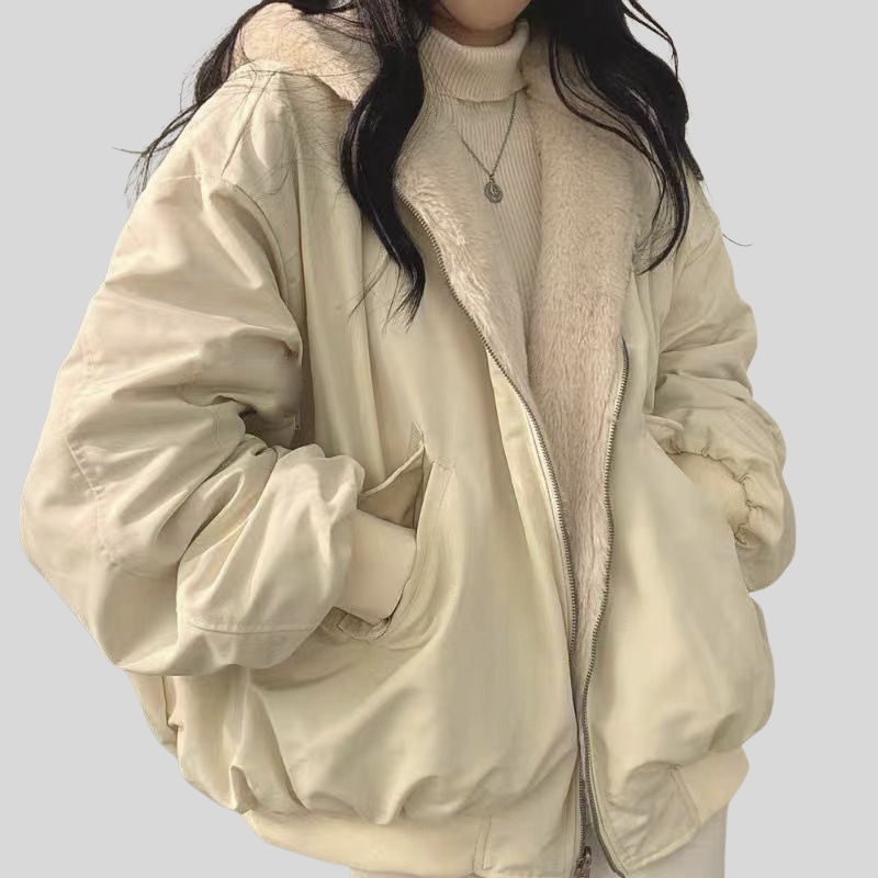 South Korea velvet thickened two sides wear lamb wool cotton clothes women's coat winter new loose hooded cotton coat top