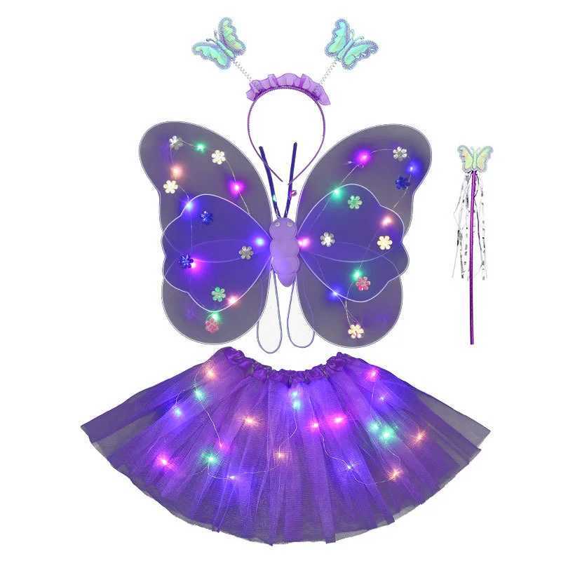 1set Glowing Kids Butterflies Fairy Wing Costume Set Stage Wear Girls Butterfly Wings Wand Headband Childrens Day Gift W250117