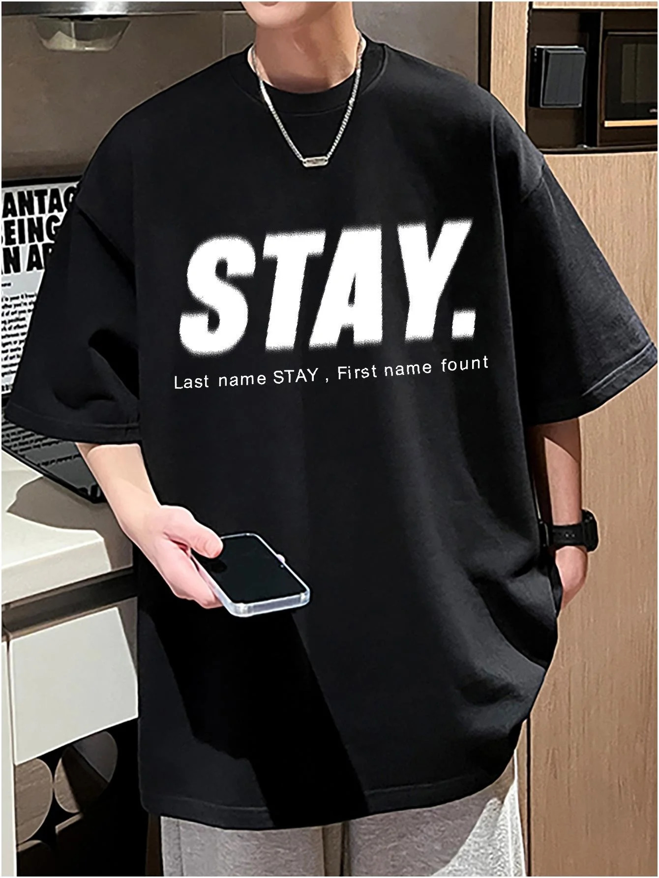 Korean Style Men Tops Kpop Streetwear STAY Print Cotton Male Tees Oversize Casual Unisex Tshirts Y2k Harajuku 250122