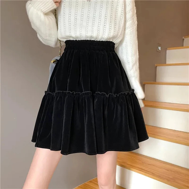 Black Velvet Patchwork Mini Skirt Women Sweet Solid A Line High Waist Fashion Pretty Style Pleated Summer Student 250121