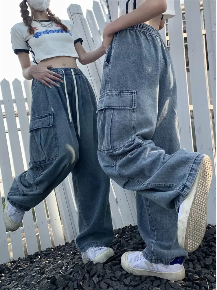 Retro style straight leg jeans suitable for women niche loose multi pocket wide leg pants suitable for womens jeans 250117