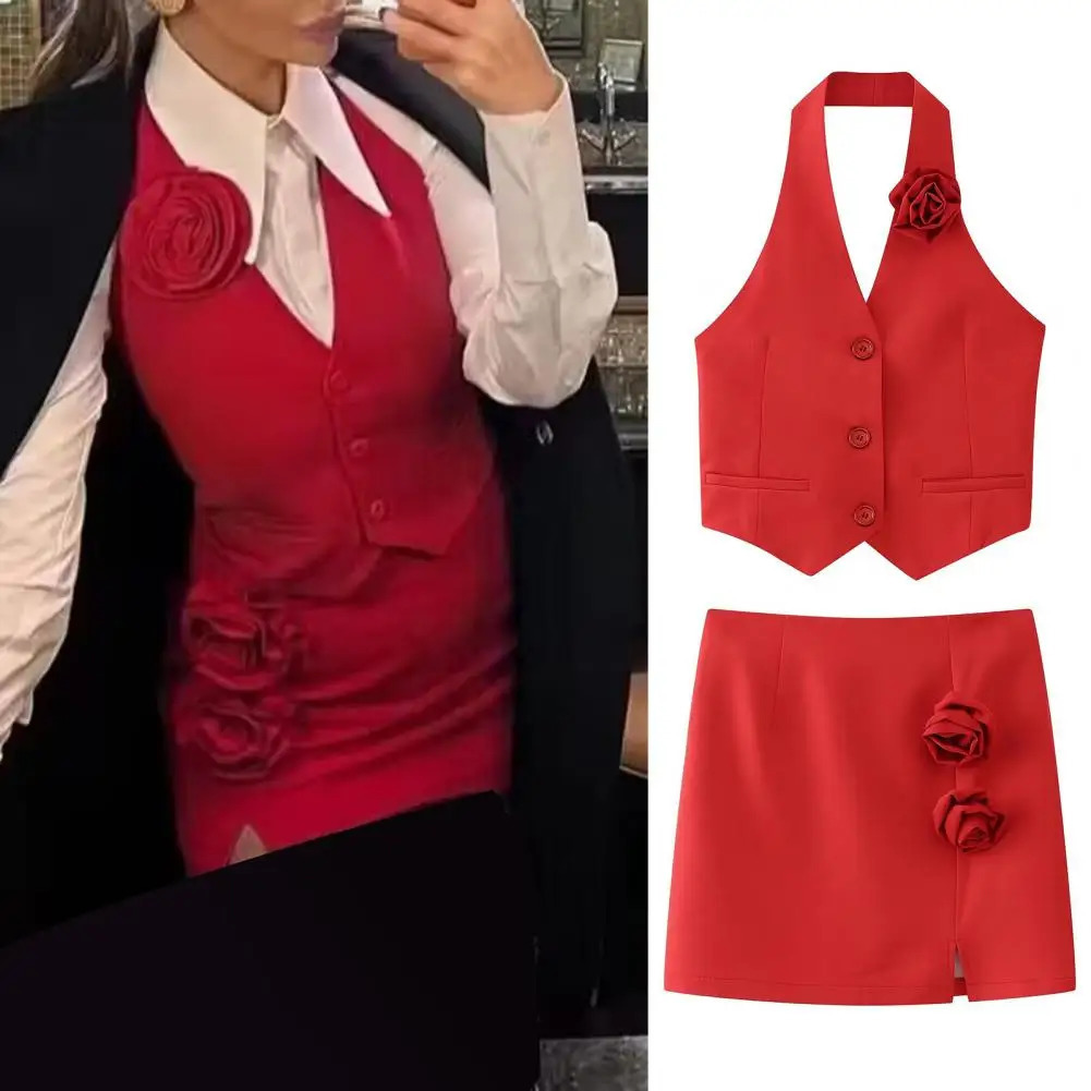 Women Vest Skirt 3D Rose Decor Split Hem Slim Fit Mini Halter Neck Off Shoulder Tops Waistcoat Prom Party Clothes 250122