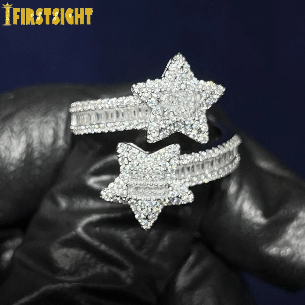Iced Out Star Ring Silver Bling 5A CZ zircon open adjustment bright star charm fingers suitable for womens hip-hop jewelry 250109