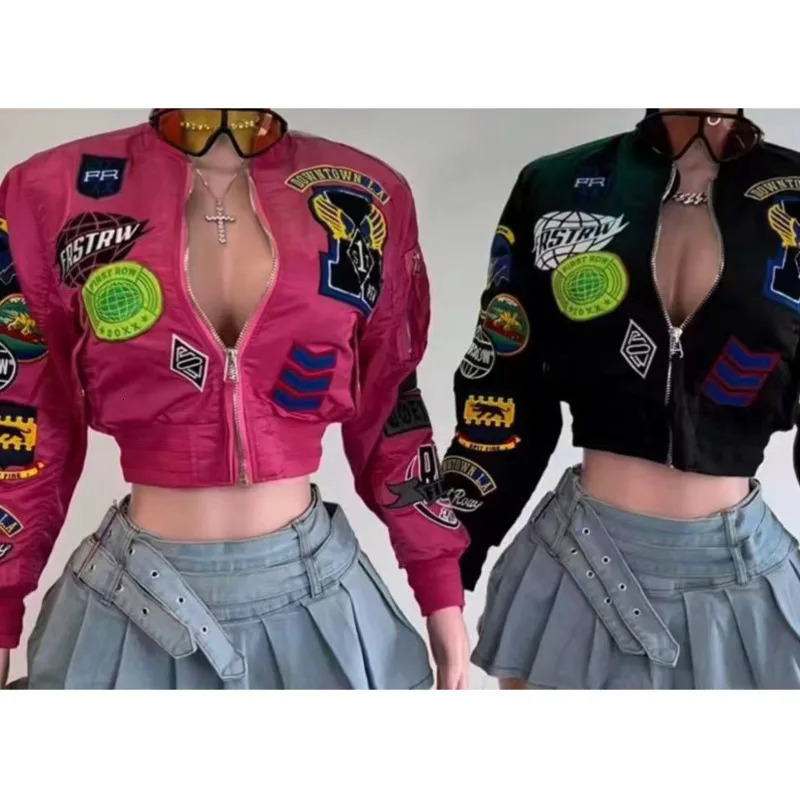 Varsity Women Crop Coat Patchwork Motorcycles Jackets Autumn Winter Y2K Streetwear Sexy Night Club Party Bomber Jackets 250118