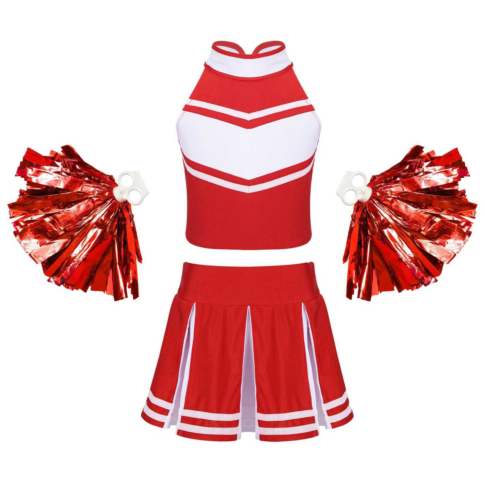 Kids Girls Cheerleading Costume Cheering Team Dance Outfits Tops Pleated Skirt Tassel Flower Ball Set Child Cheerleader UniformsW250121