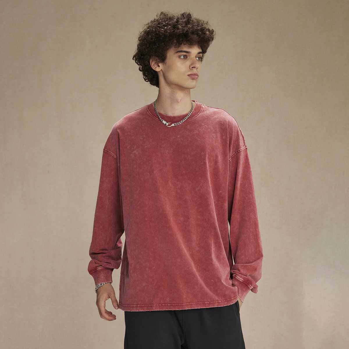 275g heavy-duty hip-hop Trbottomyy brand high street loose oversized washed old round neck long sleeved T-shirt spring and summer mens bottom shirt W2