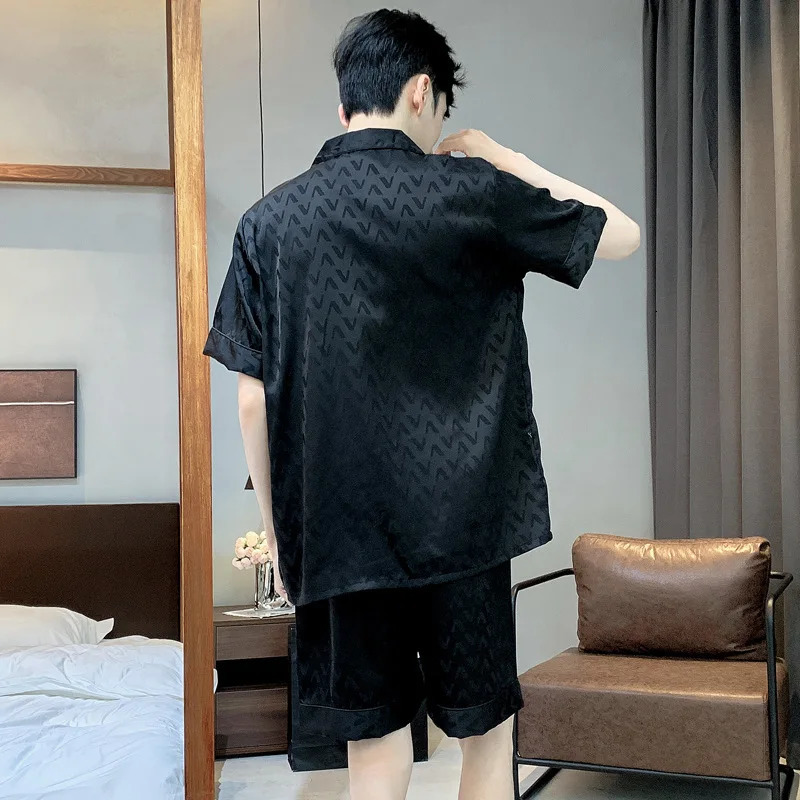 High Quality Jacquard Pajamas Suit Men Summer Ice Silk Shorts Sleepwear Set Thin Satin Largesize Loungewear Male Night Clothing 250122