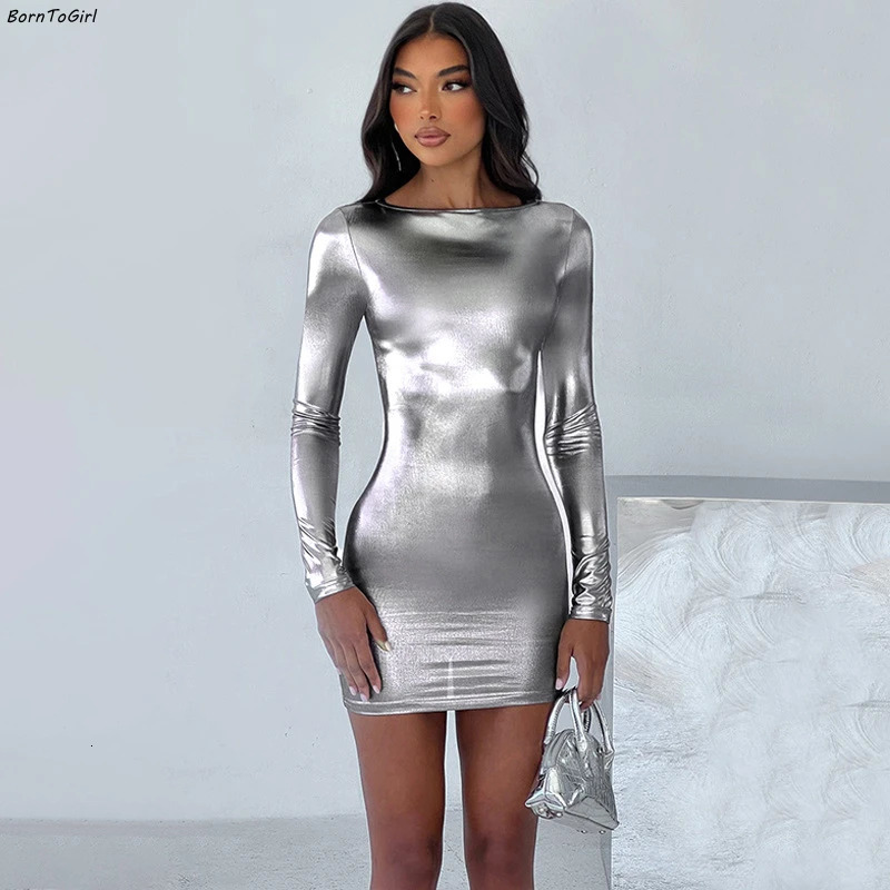 Autumn Winter Sexy Dresses For Women Black Silver Bodycon Long Sleeve Mini Dress Female Party Nightclub Short Gown vestidos 250122