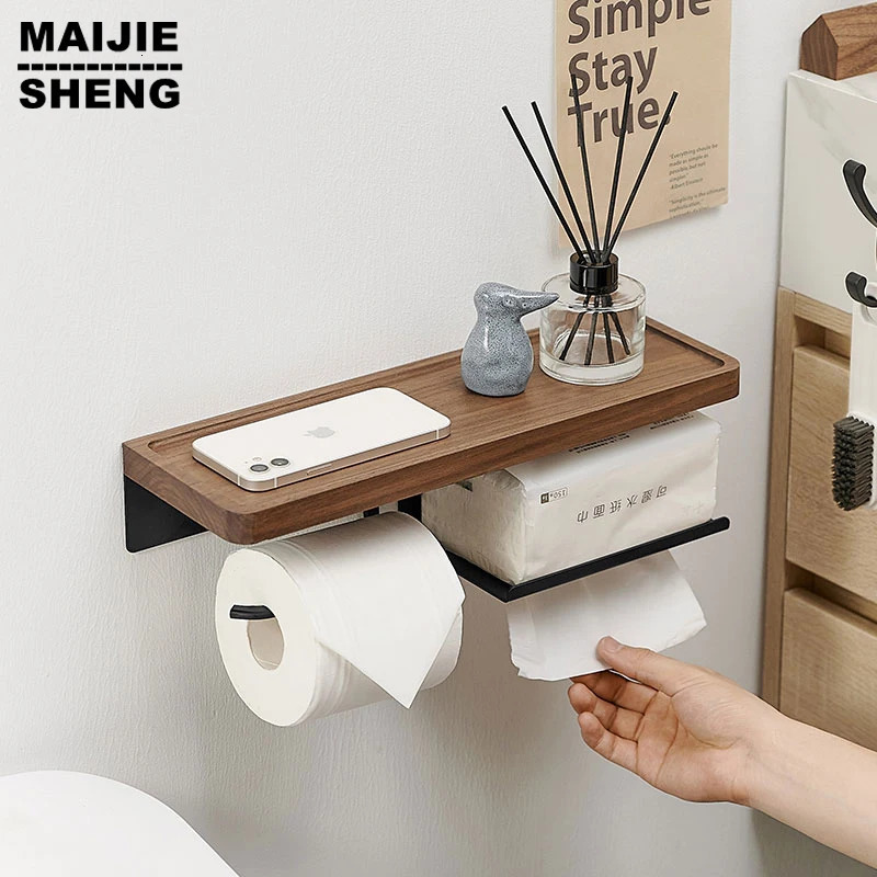 Toilet Paper Holder with Black Walnut Shelf for BathroomWall Mounted Toilet Paper Tissue Holder Double Roll BlackPhone Rack Wc 250115