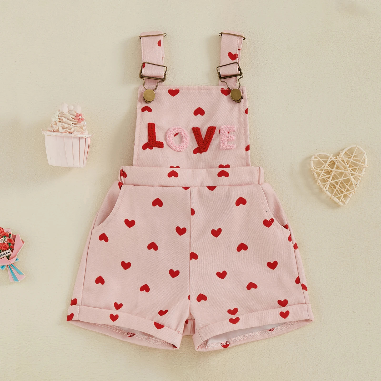 BeQeuewll Sweet Kids Girls Suspender Jumpsuit Romper Princess Heart Print Letter Embroidery Toddler Overalls Shorts Playsuits 250117