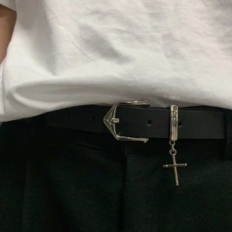 Cross Pendant Jean Pants Belt Fashion Retro Men Woman Black Thin Belts PU Leather Metal Pin Buckle Hip Hop Students Waistband W250120