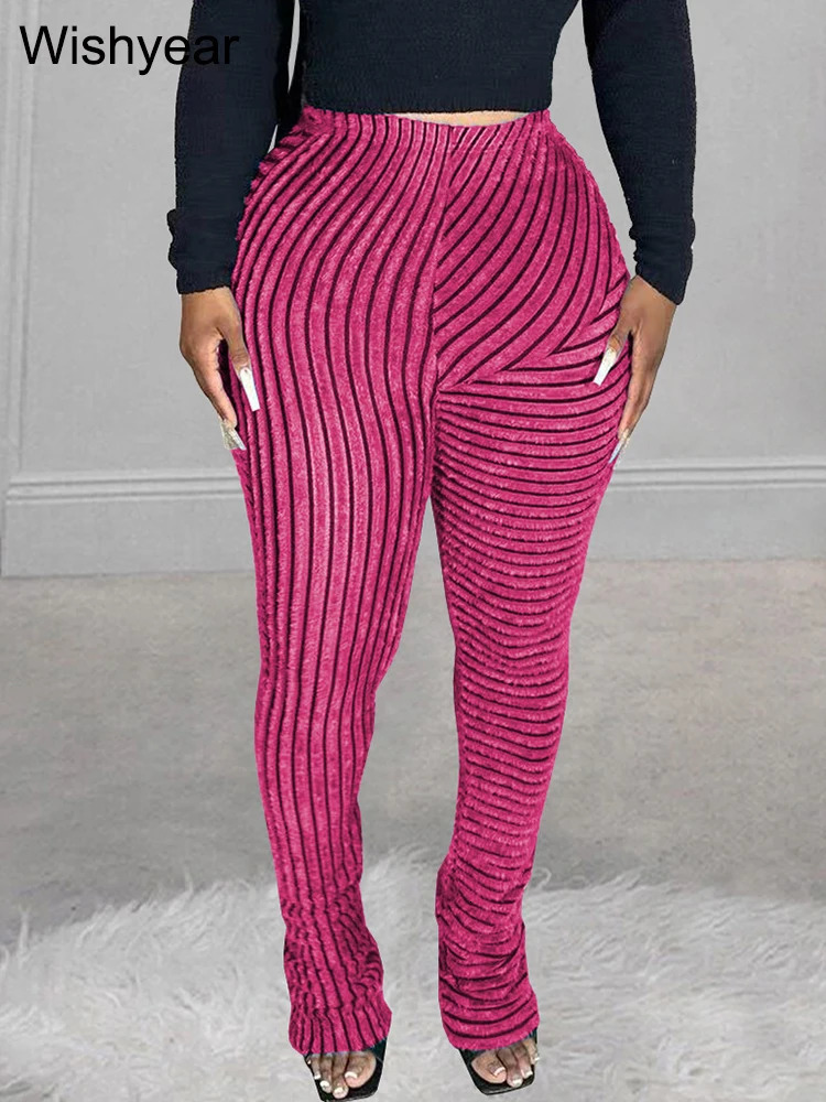 Fashion Blue Stripe Plush Stacked Pants Women Sale High Strecth Slim Sports Flare Trousers Fall Y2K Female Streetwear Sweatpants 250122