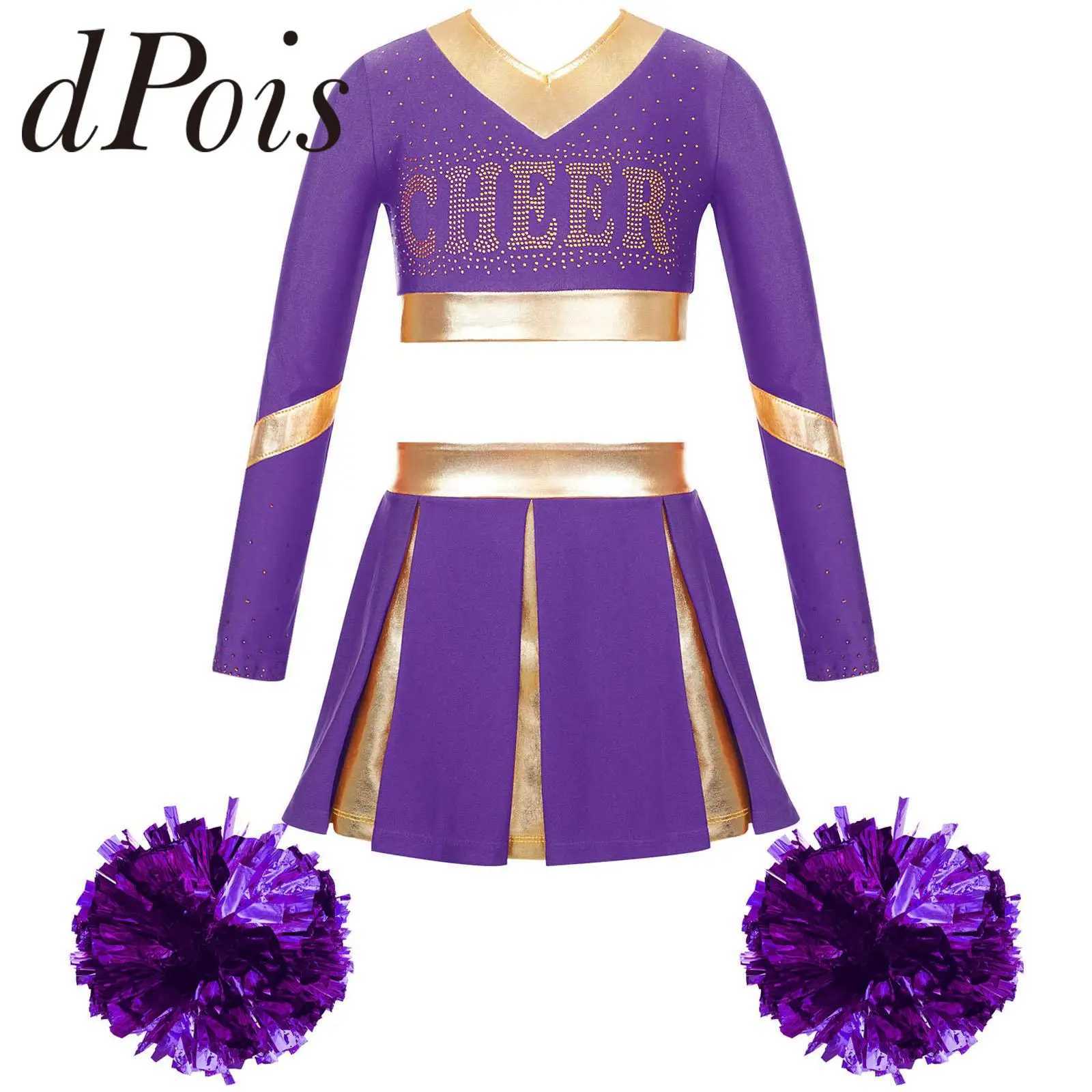 Kids Girls Cheer Dance Outfit Teens Cheerleading Uniforms with Hand Flowers Teen Dancewear Set for Children Performance ClothesW250121