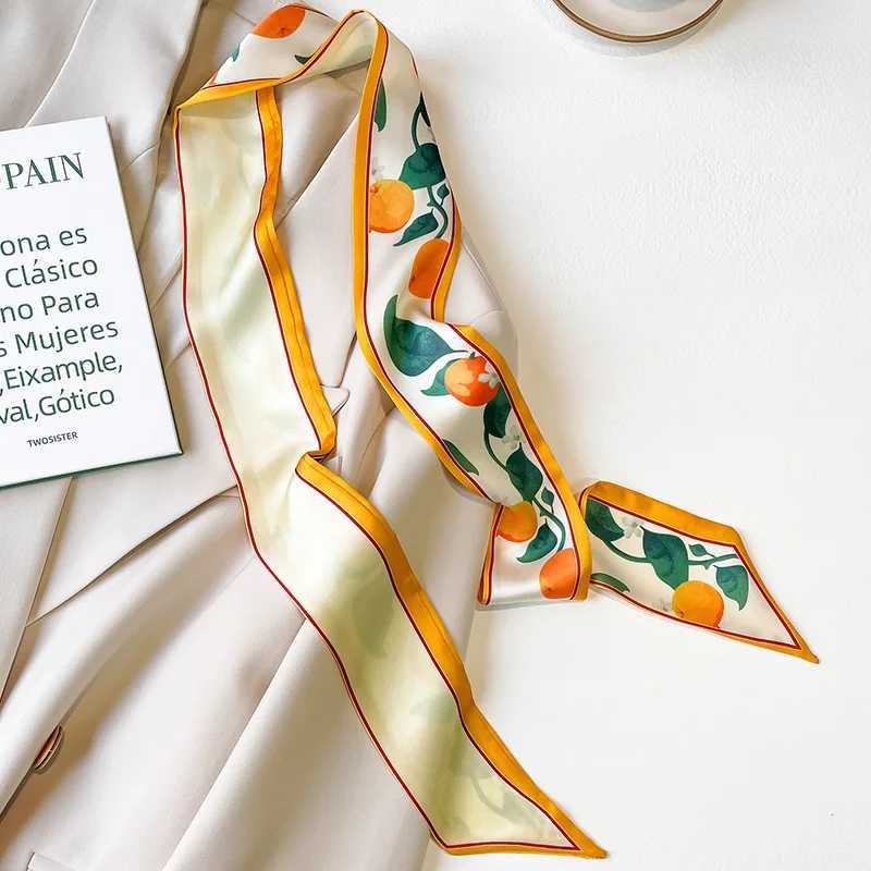 Fashion Silk Neck Scarf Luxury Long Narrow Orange Fruit Hair Tie La Print Soft Headband Shls and Wrs Neckerchief 130*7Cm W250118
