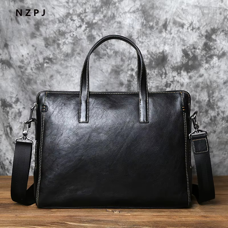 NZPJ Men Leather Handbag First Layer Cowhide Business Computer Large-Capacity One-Shoulder Messenger Bag For 14 Inch Laptop