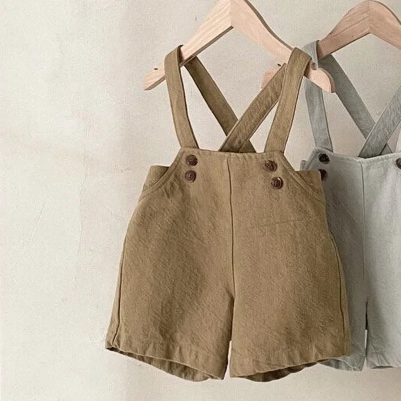 Korean Style Summer Kid Boy Girl Shorts Khaki Light Grey Blue Sling Pants Loose Trousers Children Retro Overalls E3257 250117