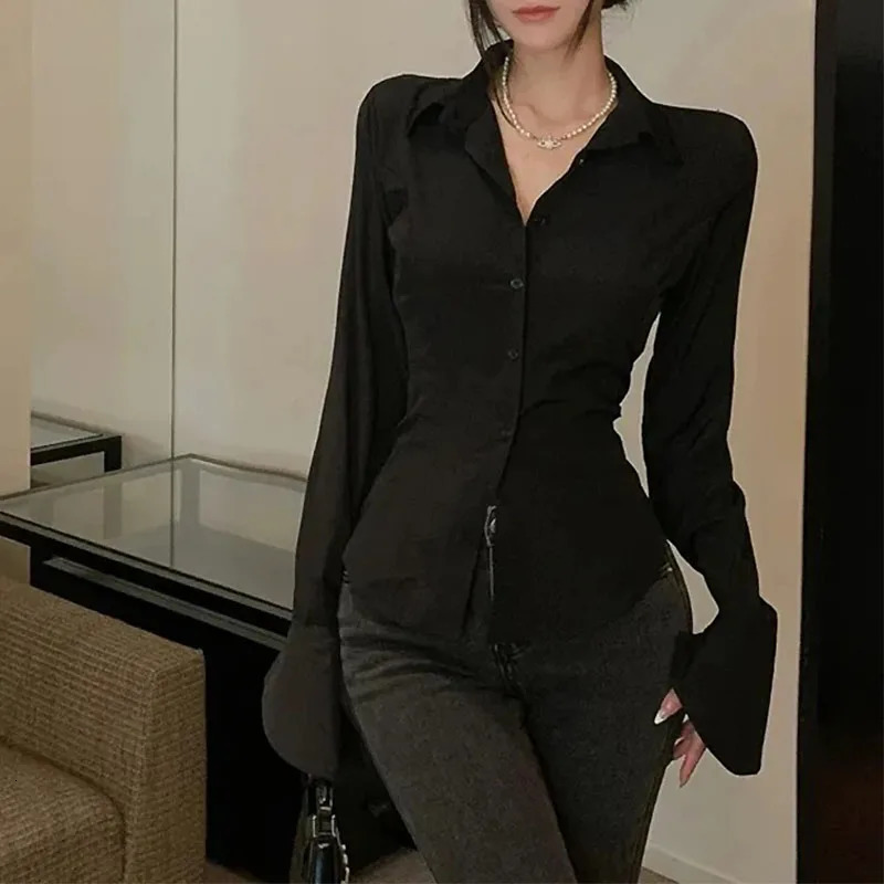 Fashion Women Bandage Shirts Korean All Match Streetwear Female Slim Blouse Spring Casual White Bell Sleeve Shirt 250121