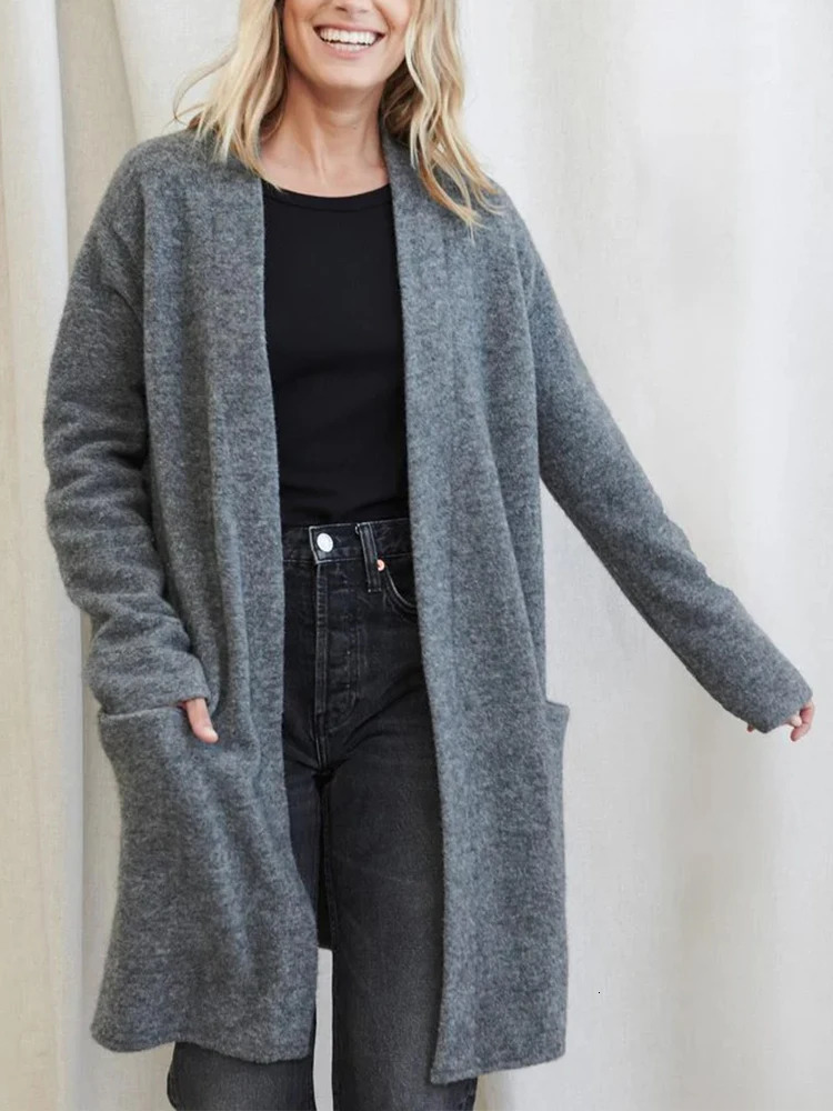 Autumn and Winter Womens Knitted Cardigan Sweater Temperament and Elegant Solid Color Long Sweater with Pocket 250116