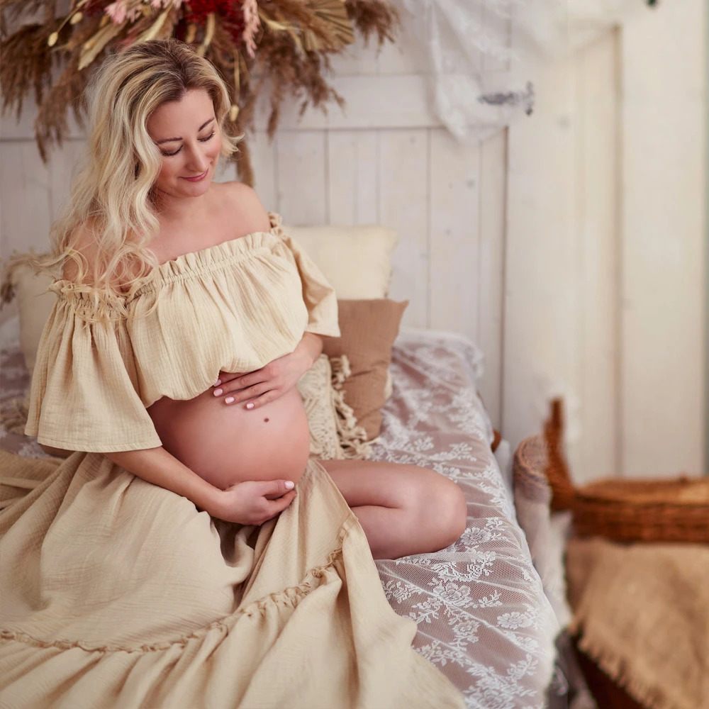Women Boho Dress Comfortable Linen Cotton Maternity Clothing Vintage Short Sleeve Dress For Pregnancy Po Shoot 250116