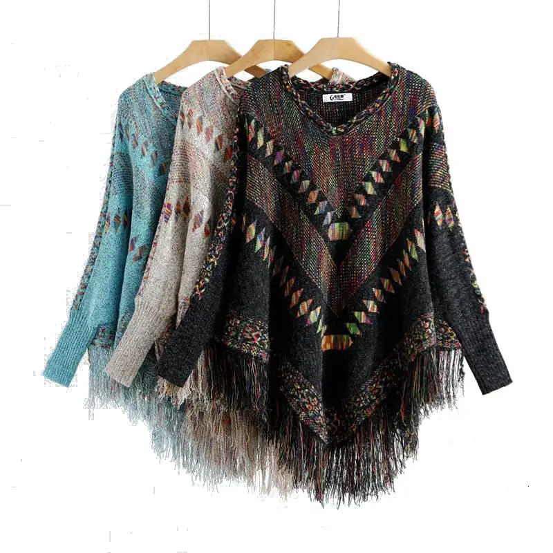 Women Vintage Patchwork Tassel Tricot Pullover Poncho Female Batwing Sleeve Oversize Knit Shawl ponchos and Capes sweaters 250121