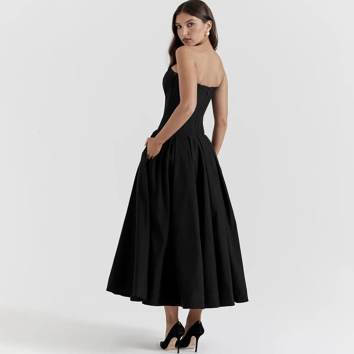 Black Elegant Wedding Events Dress Sexy Strapless Corset Midi Christmas Party Dresses for Women Clothing 250121