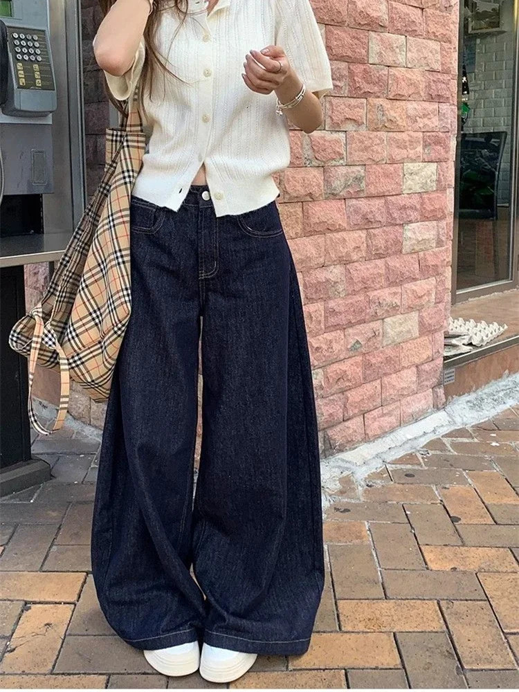 Womens Deep Blue Loose Wide Leg Jeans Street Cool Girls High Waist Pocket Pants Womens Casual Straight Denim Trousers 250117