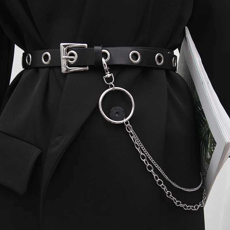Fashion Harajuku Women Punk Chain Belt Adjustable Black Double/Single Eyelet Grommet Metal Buckle Leather Waistband For Jeans W250120