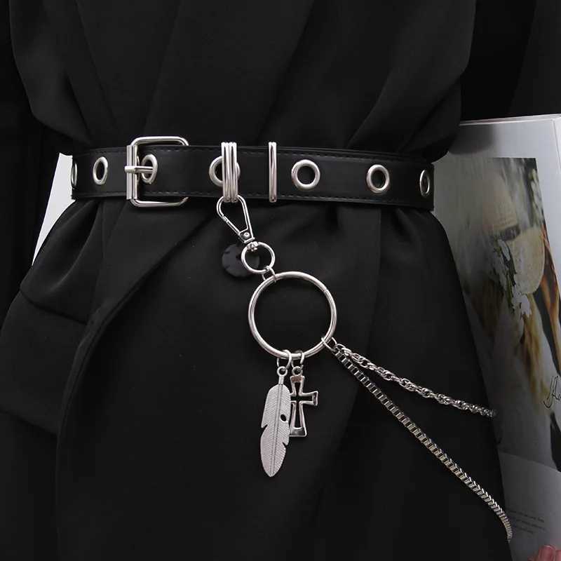 Fashion Harajuku Women Punk Chain Belt Adjustable Black Double/Single Eyelet Grommet Metal Buckle Leather Waistband For Jeans W250120