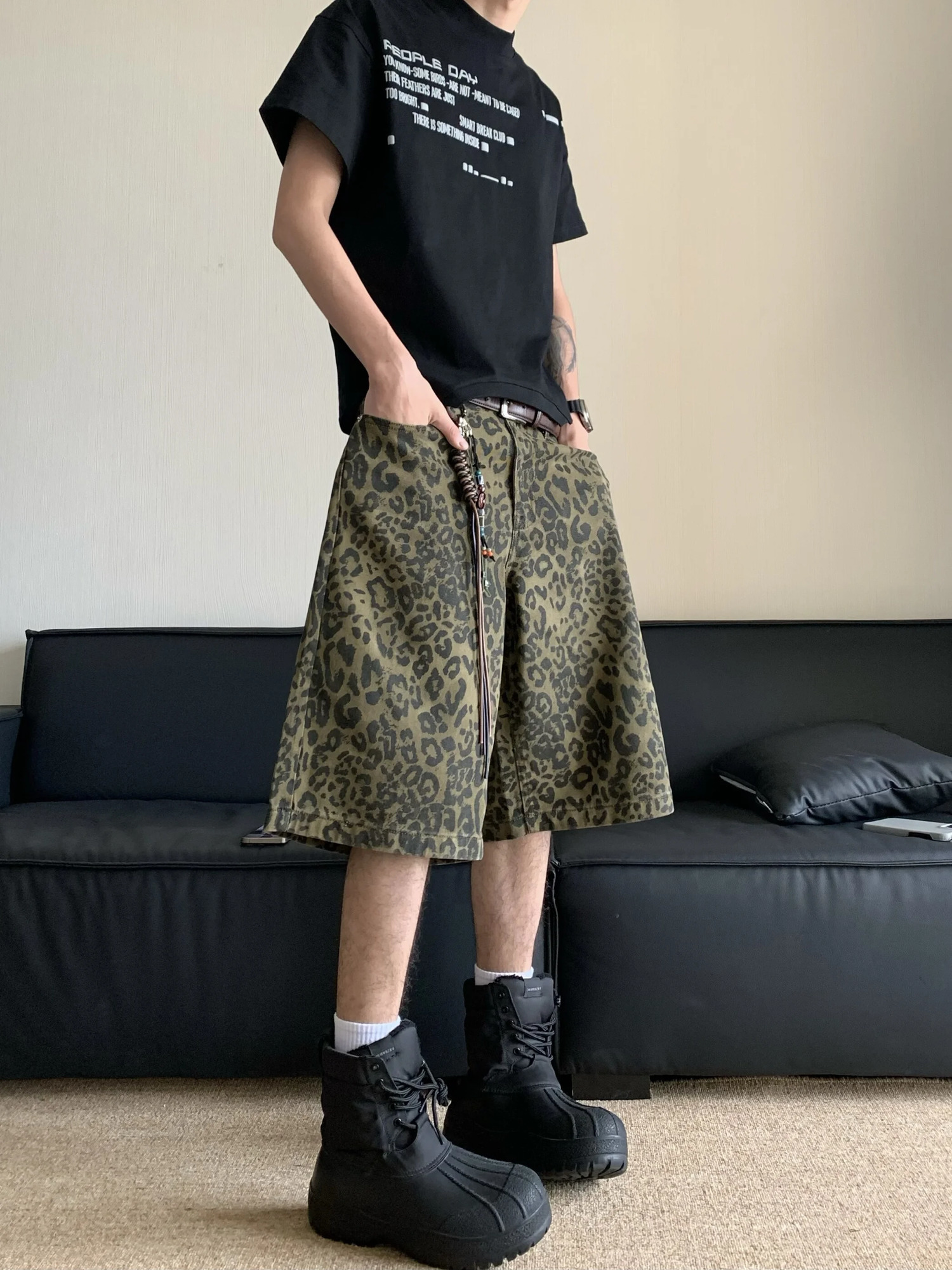 Leopard Fade Colossus Jorts Couple Cropped Pants Y2k Bagged Denim Shorts XS-XXL 250110